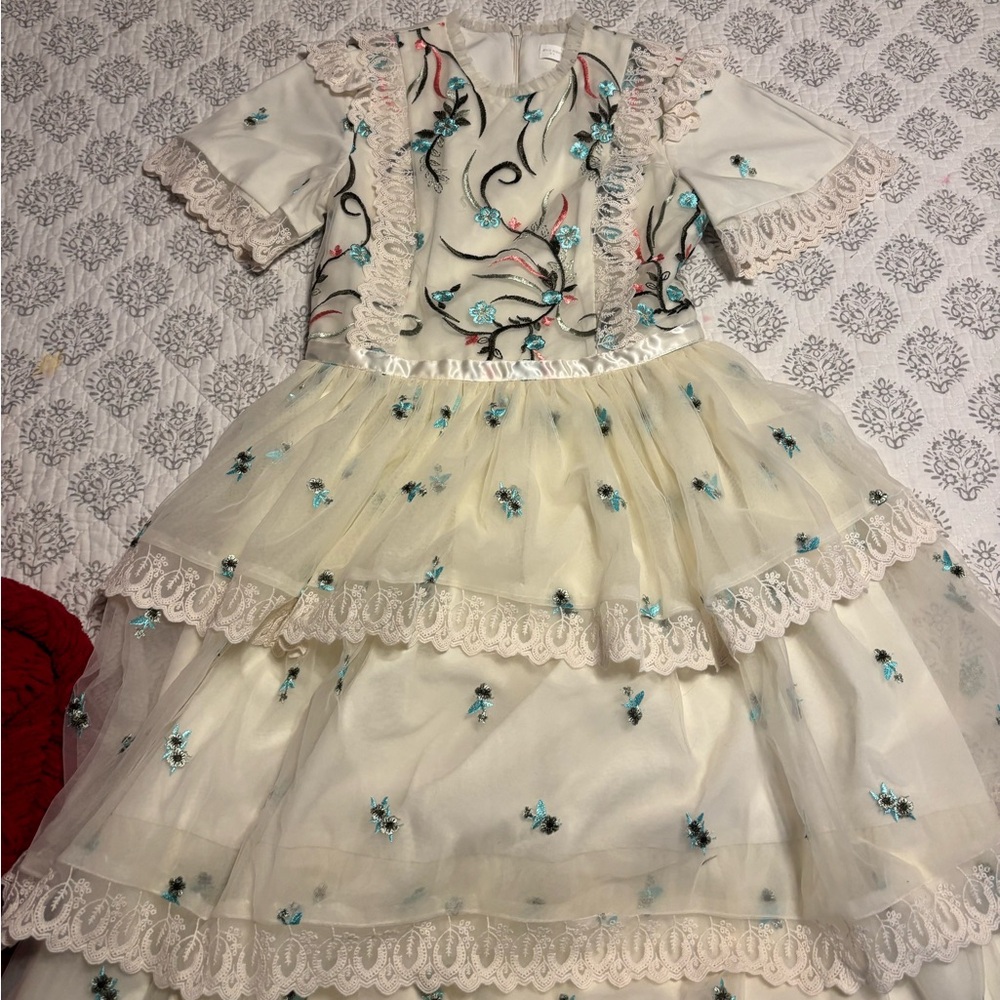 Floral Embroidered Dress with Lace Trim